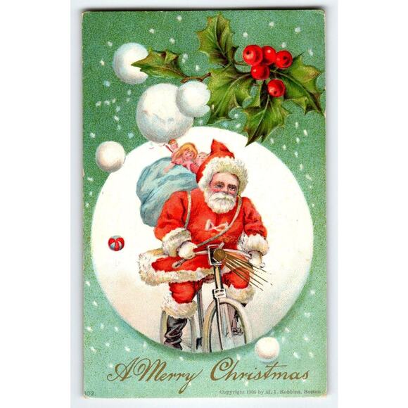 Santa Claus Christmas Postcard Saint Nick Riding Bicycle Headlight 1906 Robbins - Picture 1 of 2